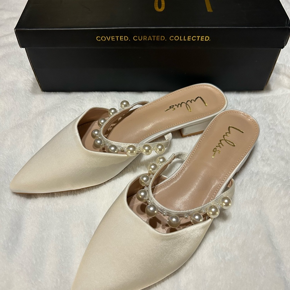Lulu's Satin Pearl-Trim Ivory Slingback Mules
